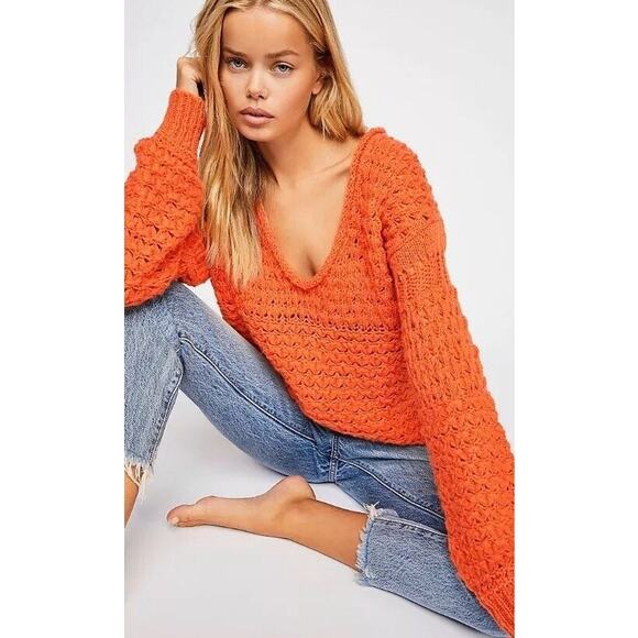 Free People Crashing Waves Sweater Orange Open Knit Womens Size Medium - Picture 1 of 7